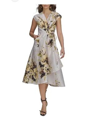 Donna Karan New York Floral Faux-Wrap Midi Dress. Yellow.  NWT. SZ 8